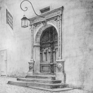 Pencil drawing of a door at Rothenburg Castle