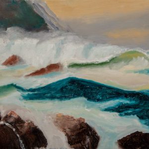 Oil painting of water and rocks