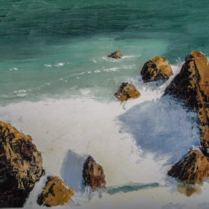 Oil painting of water and rocks