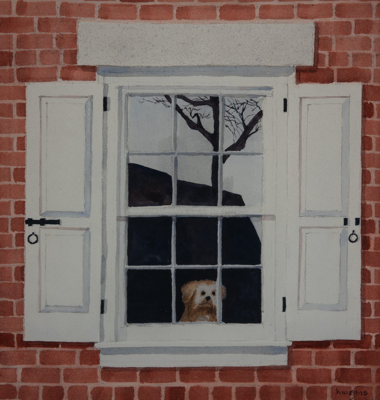 Oil painting of a dog looking out the window