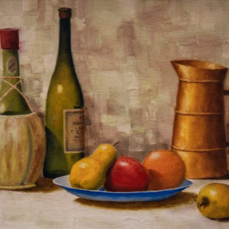 Still life oil painting of fruits, wine bottles and a jug