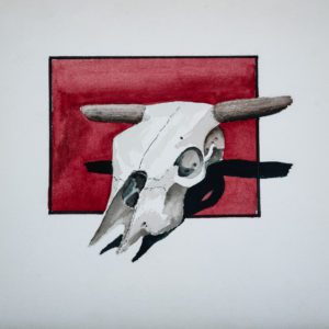Mixed media painting of a desert skull