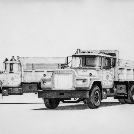 Pencil drawing of two Mack Trucks