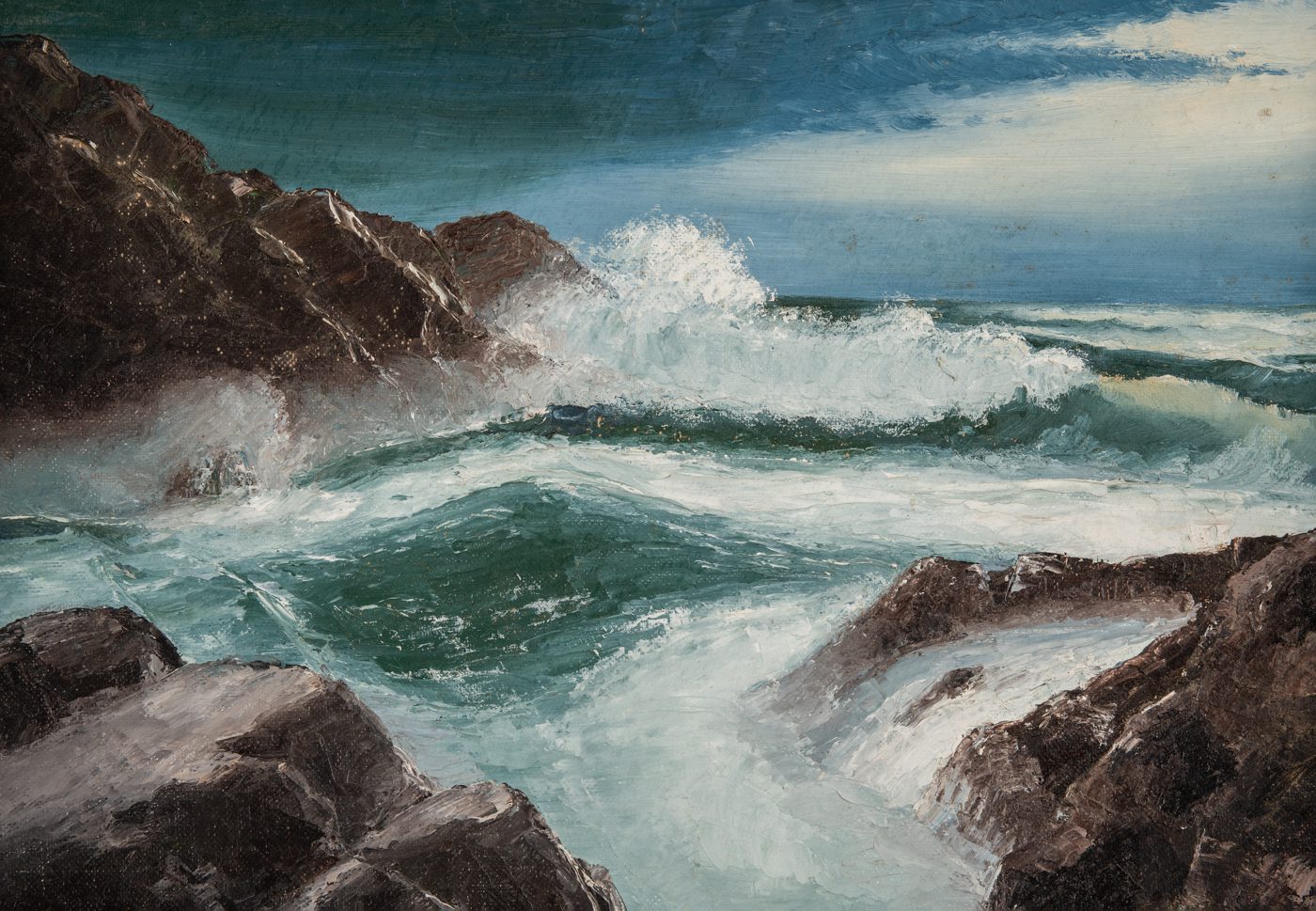 Oil painting of water and rocks