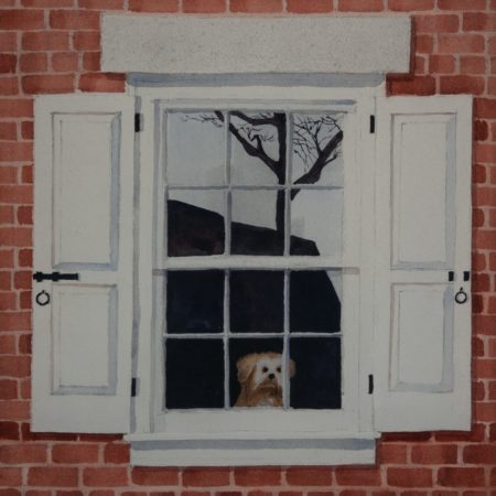 Oil painting of a dog looking out the window