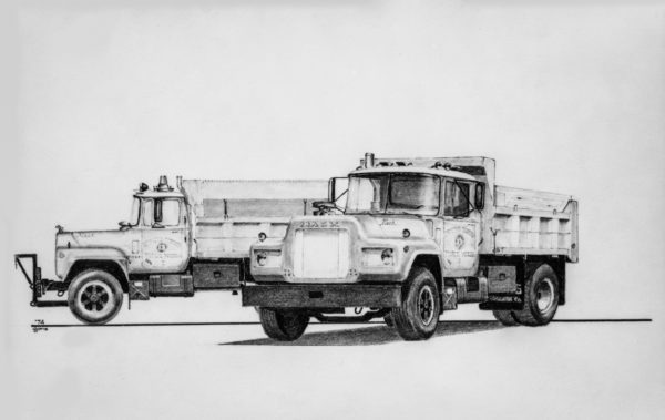 Pencil drawing of two Mack Trucks